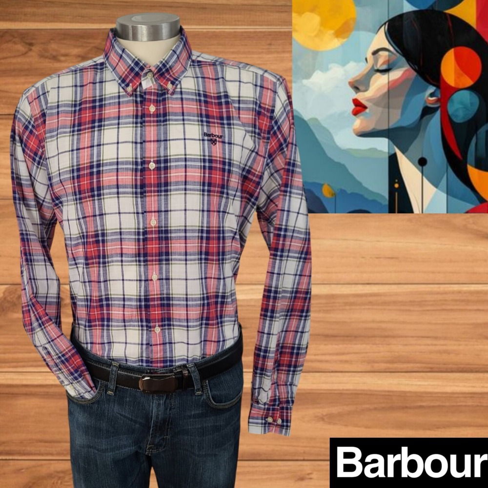Barbour Mens‎ Shirt L Burgundy Black White Beige Plaid Cotton Button Down Collar
